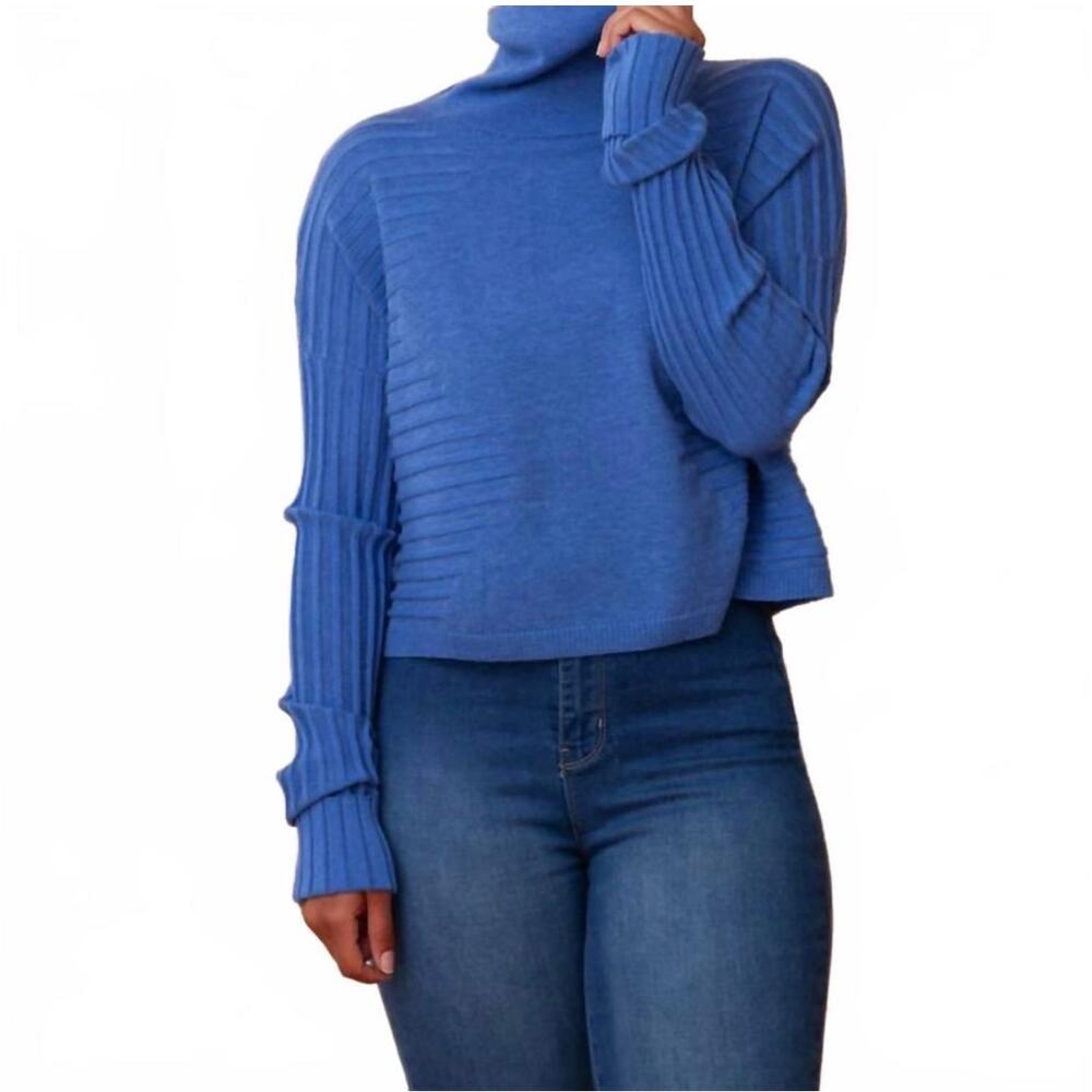 Kerisma Wome’s blue ribbed cropped sweater, turtleneck, soft, Size S/M - Picture 2 of 8